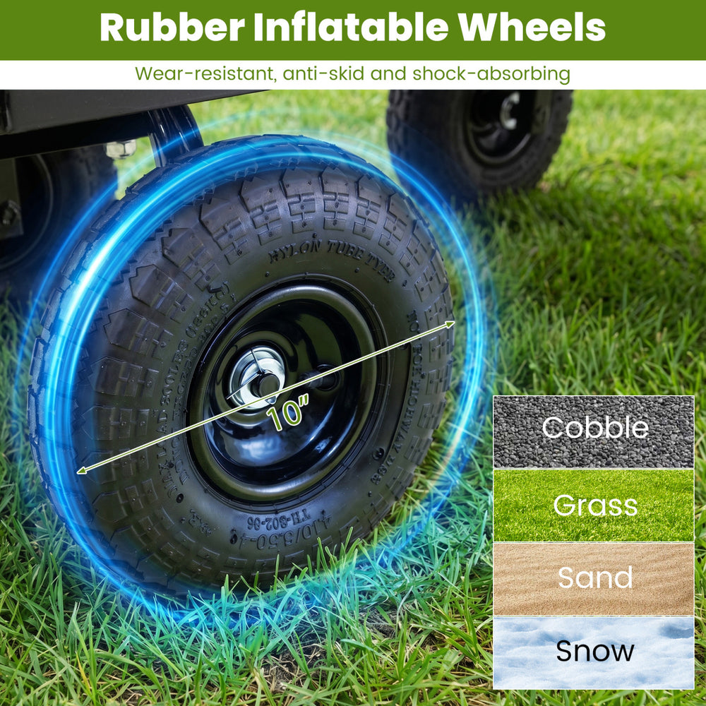 Close-up of a 10" rubber inflatable wheel on a utility wagon, designed for various terrains like grass and sand.