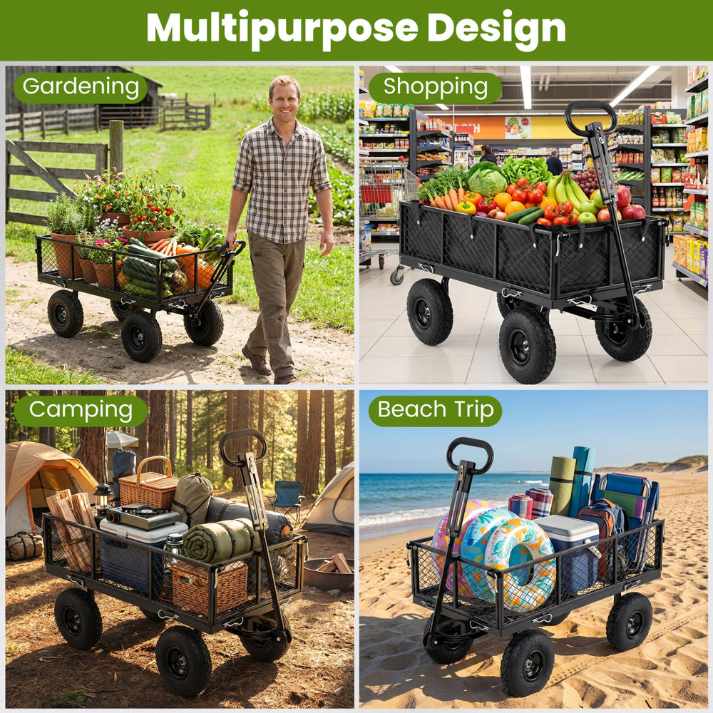Utility wagon with removable Oxford cloth liner, perfect for gardening, shopping, camping, and beach trips.