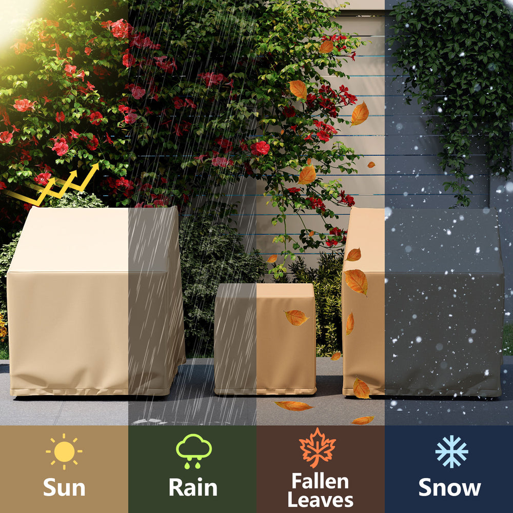 Patio furniture covers in beige, showcasing waterproof protection for a 3-piece bistro set against various weather.