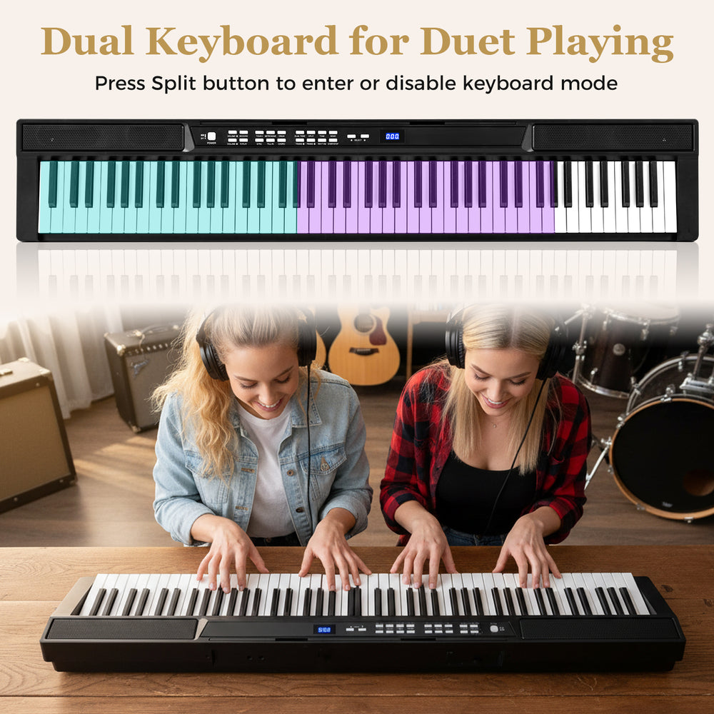 Dual keyboard view of the 88-key electric piano, featuring light-up buttons and adjustable stand for duet playing.
