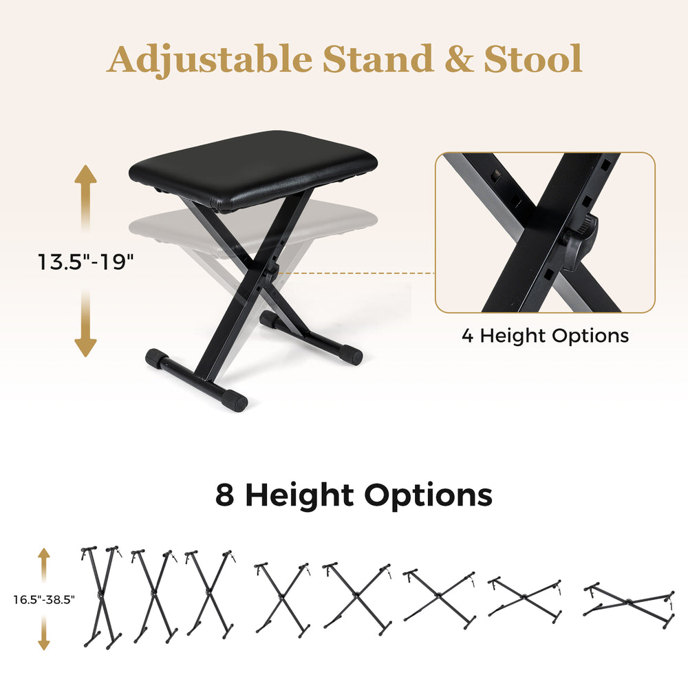 Adjustable stool with 4 height options for the 88-Key Electric Piano Keyboard, designed for customized comfort and.