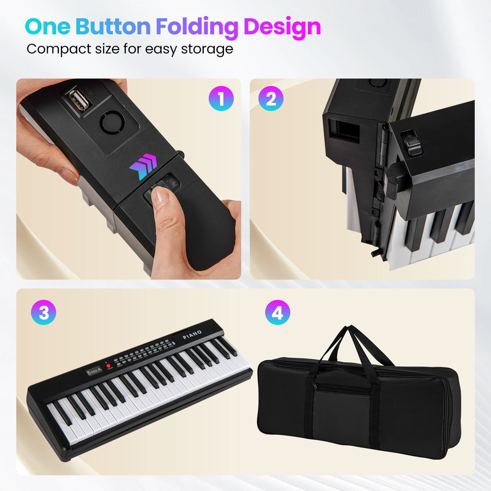 Foldable 88 key electric keyboard piano in black, designed for easy storage with wireless MIDI and dual speakers.