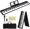 88-key foldable electric keyboard piano in black with dual speakers, includes microphone, carry bag, and music stand.
