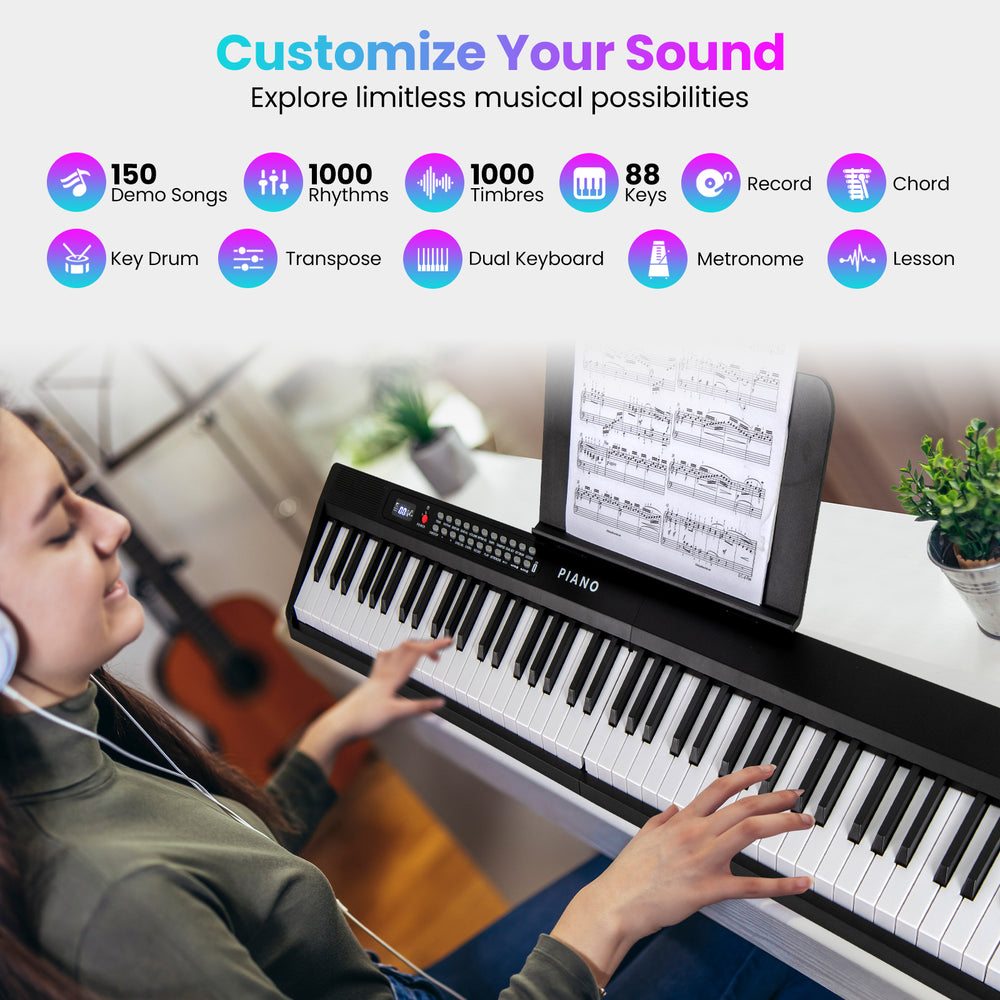 88-key foldable electric keyboard piano in black with dual speakers, featuring 1000 rhythms and wireless MIDI.