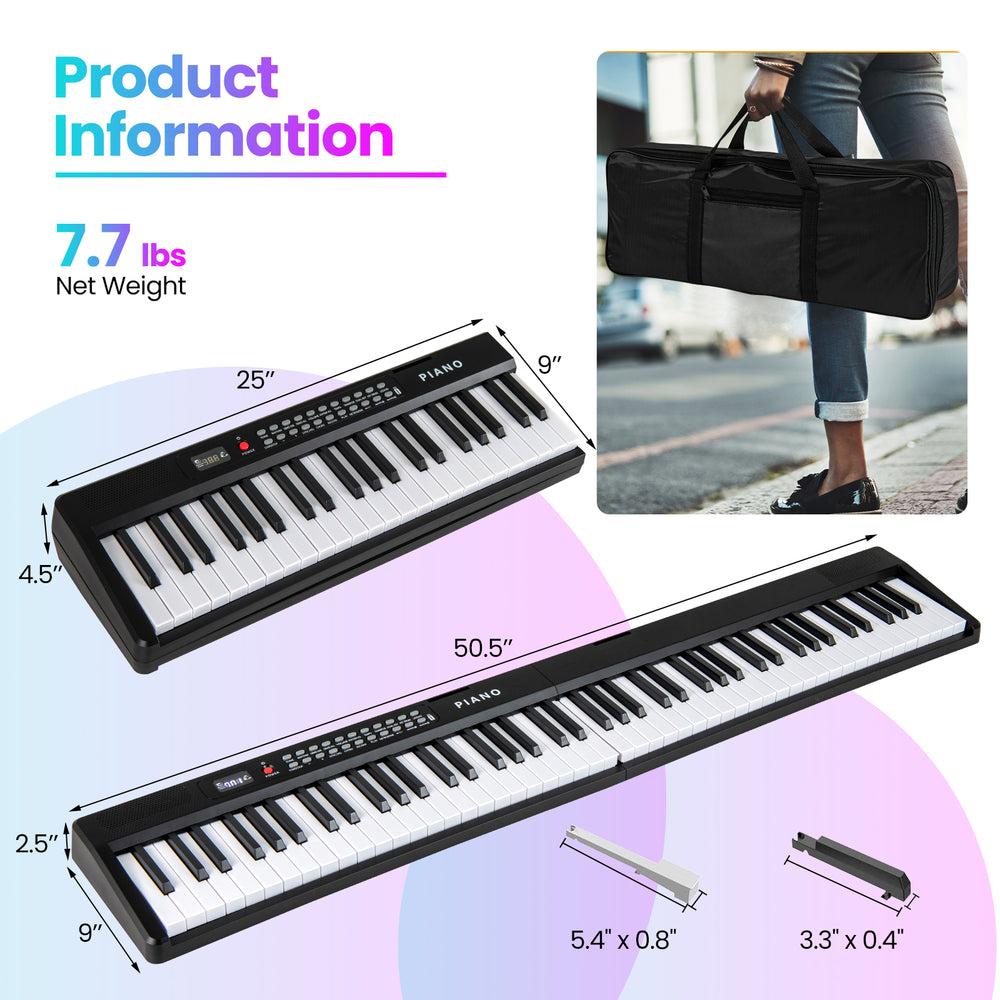88-key foldable electric keyboard piano in black, featuring dual speakers and wireless MIDI for versatile music.