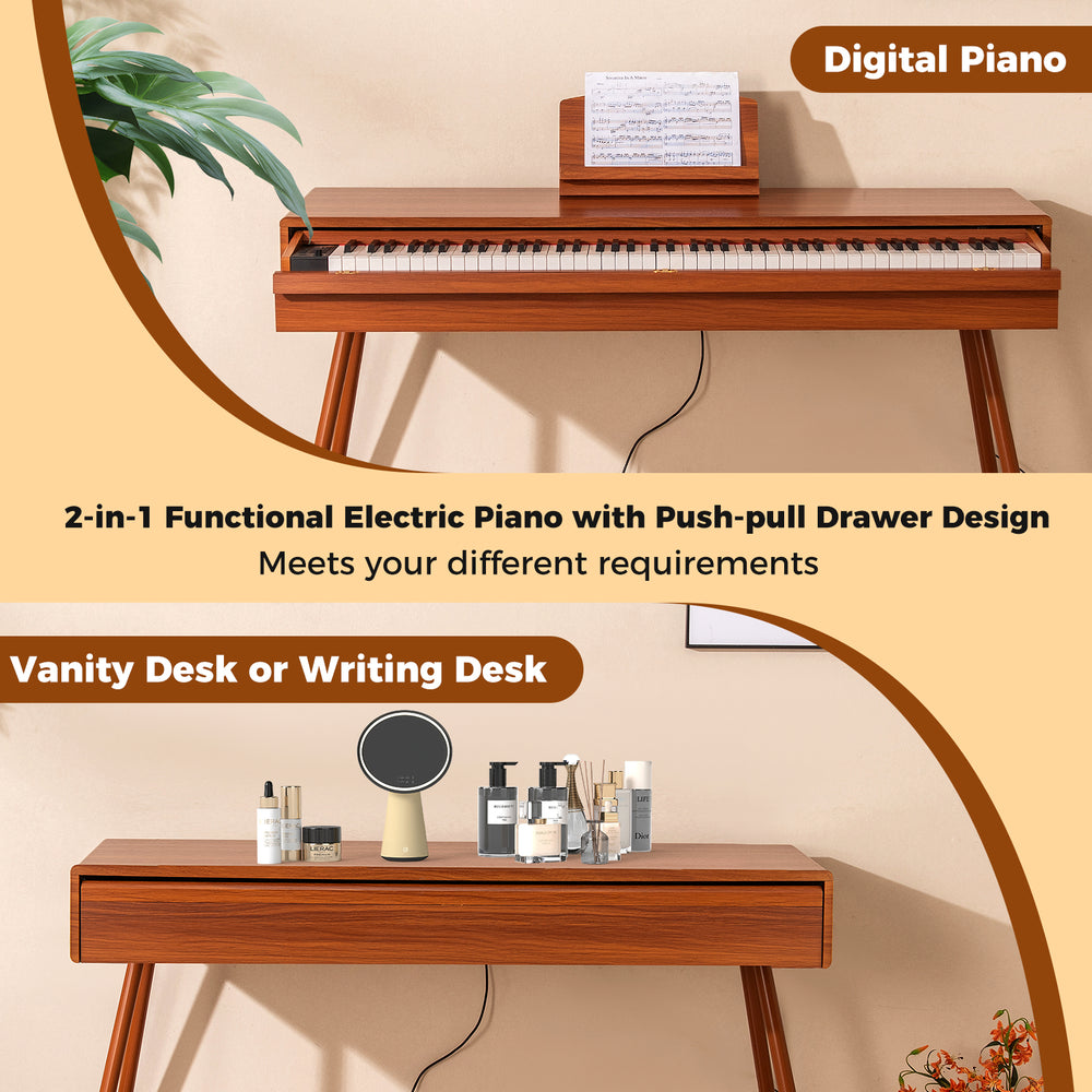 88-key electric piano in brown with push-pull drawer, functions as a vanity desk or writing desk for versatile use.