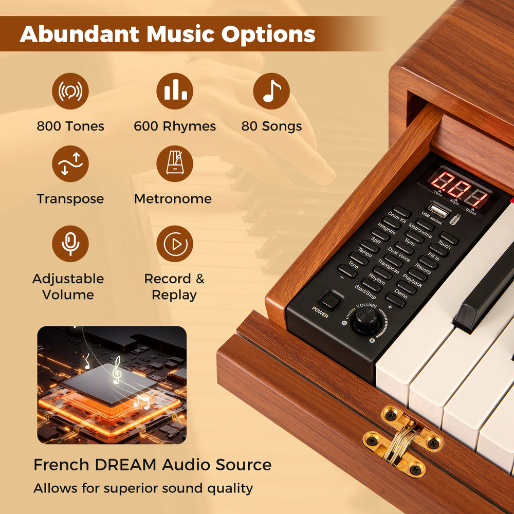 88-key weighted keyboard in brown with abundant music options, adjustable volume, and French DREAM audio source for.