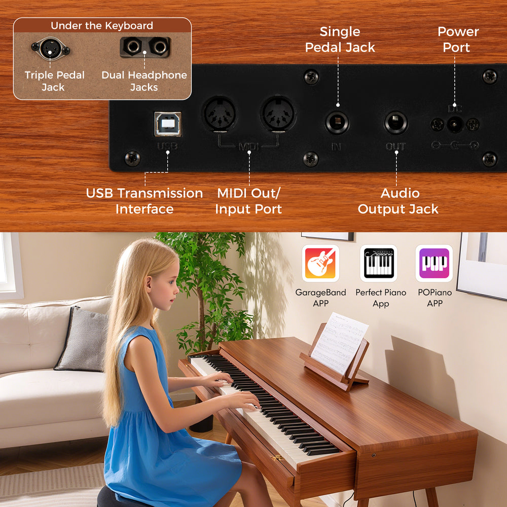 Close-up of the 88-key electric piano's control panel, featuring pedal jacks and audio output for versatile music play.
