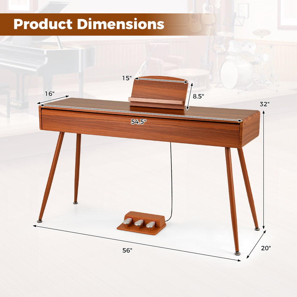 Product dimensions of the 88-key graded hammer action weighted keyboard in brown, featuring a push-pull drawer design.