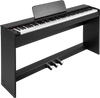 88-key weighted keyboard in black with furniture stand, featuring dual speakers and triple piano pedals for realistic.