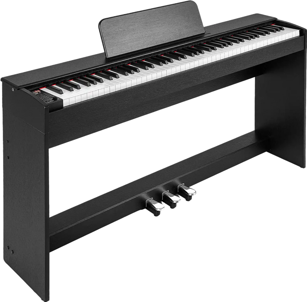 88-key weighted keyboard in black with furniture stand, featuring dual speakers and triple piano pedals for realistic.