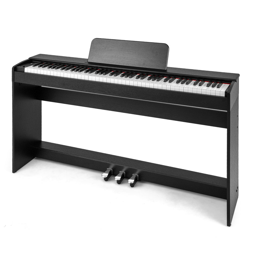 88-key weighted keyboard in black with furniture stand, triple pedals, and removable music stand for realistic playing.