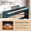 88-key weighted keyboard with dual speakers, showcasing clear sound and a stylish black furniture stand for versatile.