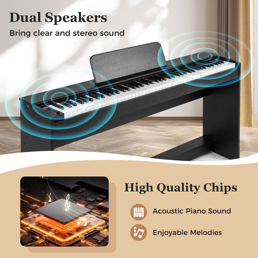 88-key weighted keyboard with dual speakers, showcasing clear sound and a stylish black furniture stand for versatile.