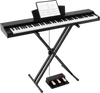 88-key keyboard piano set in black with adjustable stand, featuring dual speakers and removable music stand for.