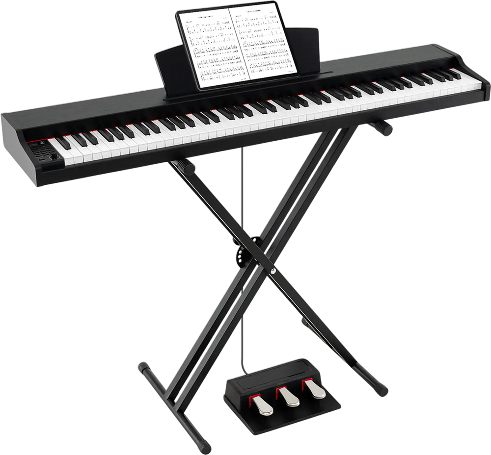 88-key keyboard piano set in black with adjustable stand, featuring dual speakers and removable music stand for.