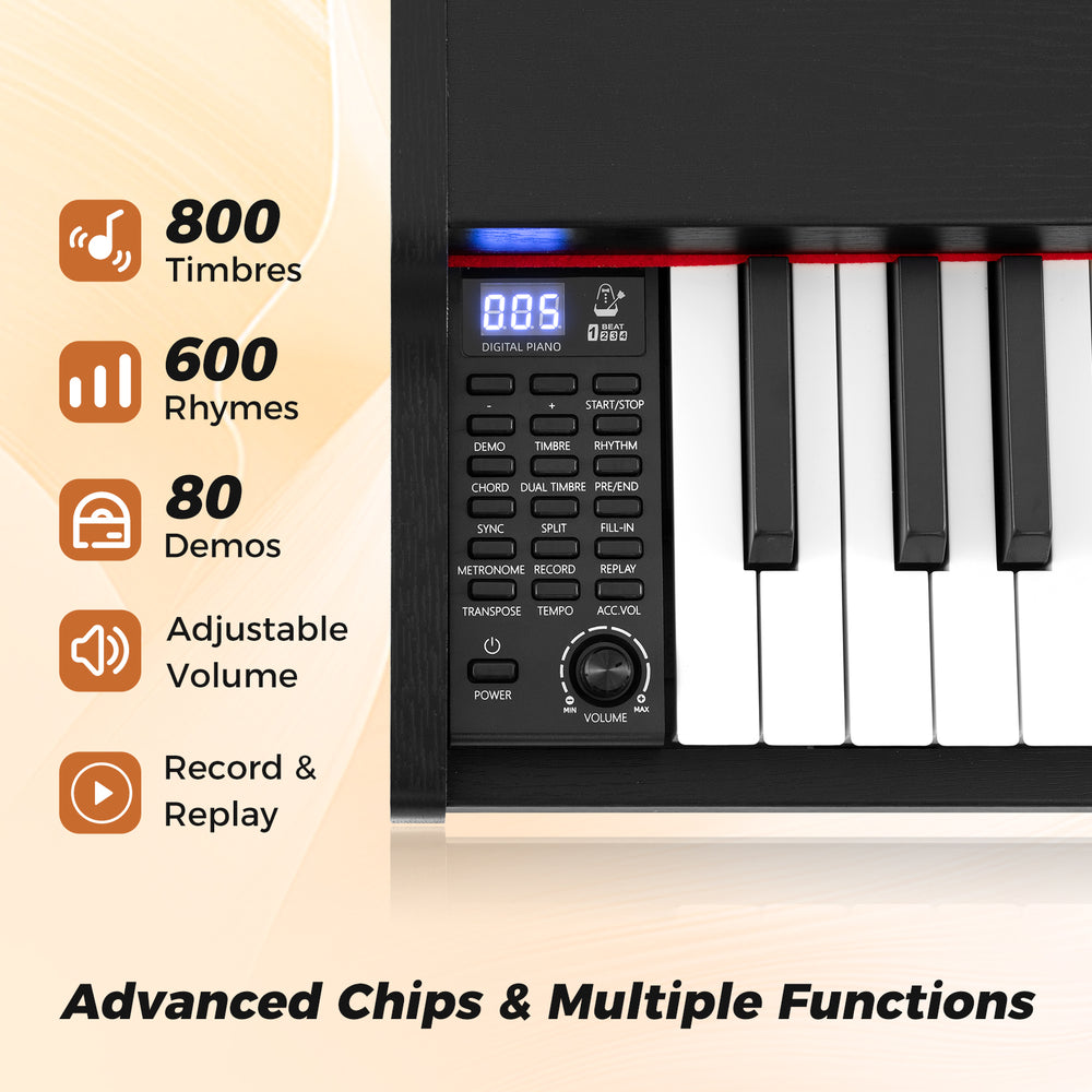 88-key keyboard piano set in black featuring adjustable stand, 800 timbres, and dual speakers for versatile music.