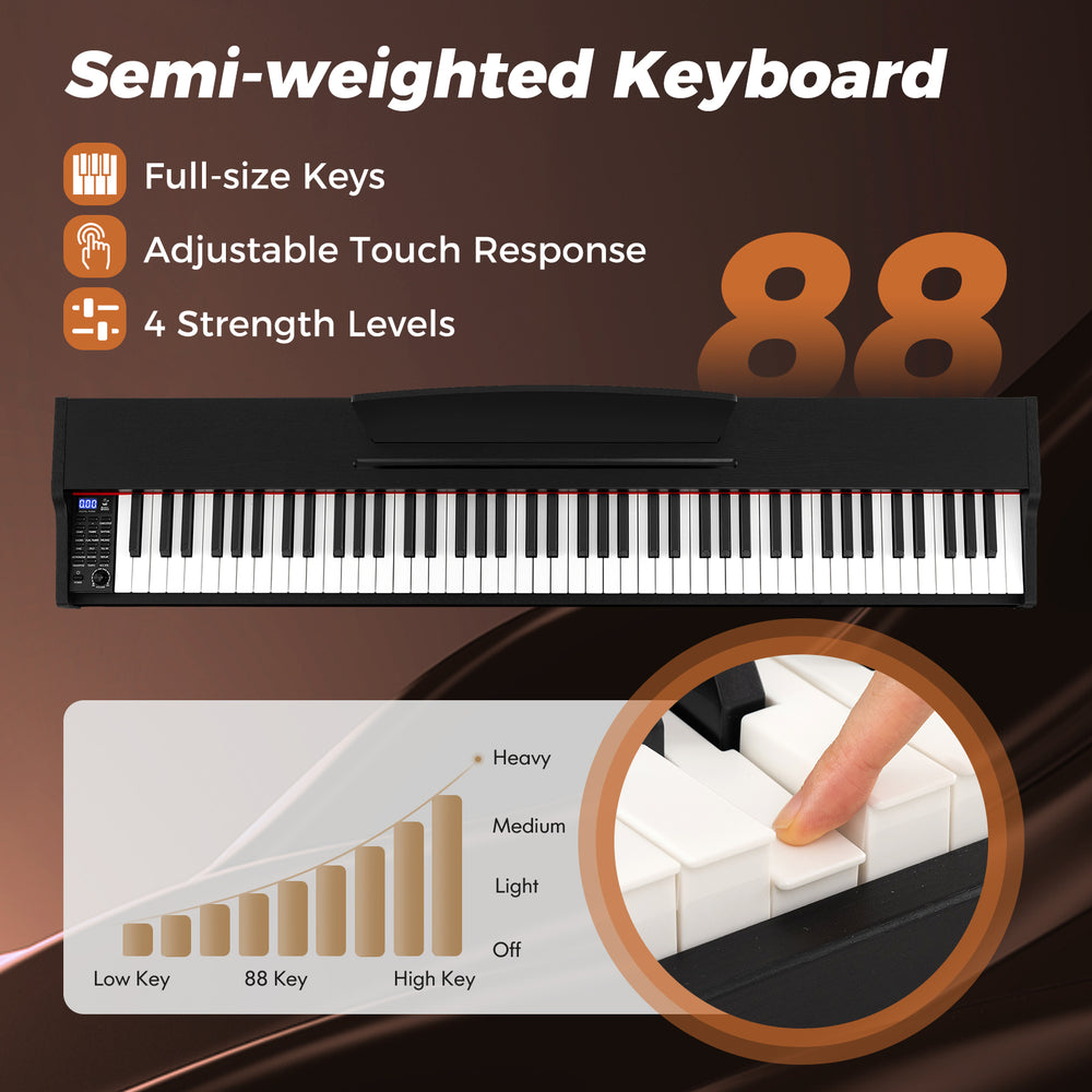 88-key semi-weighted keyboard piano set in black with adjustable stand, featuring full-size keys and dual speakers.