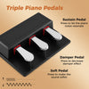Triple piano pedals for 88-key keyboard, including sustain, damper, and soft pedals for versatile sound control.