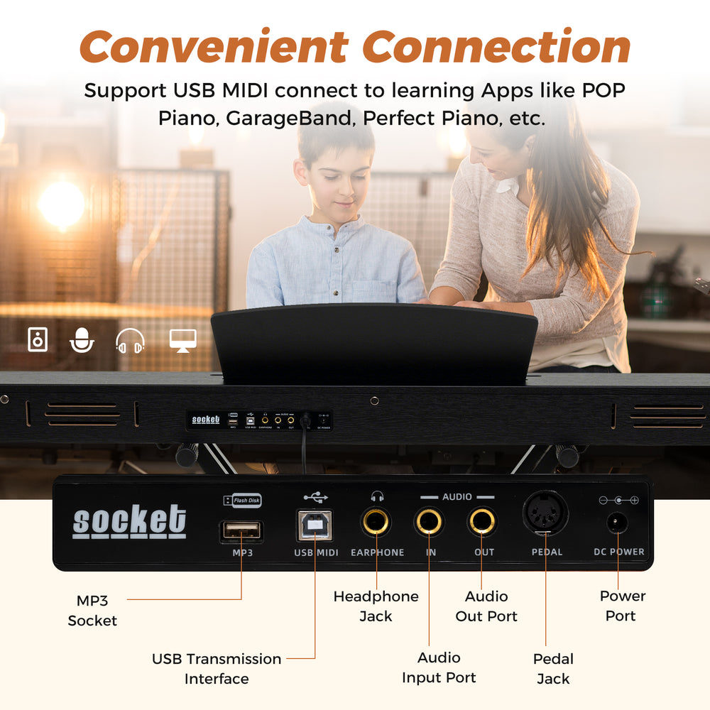 88-key keyboard piano set with adjustable stand, featuring USB MIDI connection for apps and dual speakers for clear.