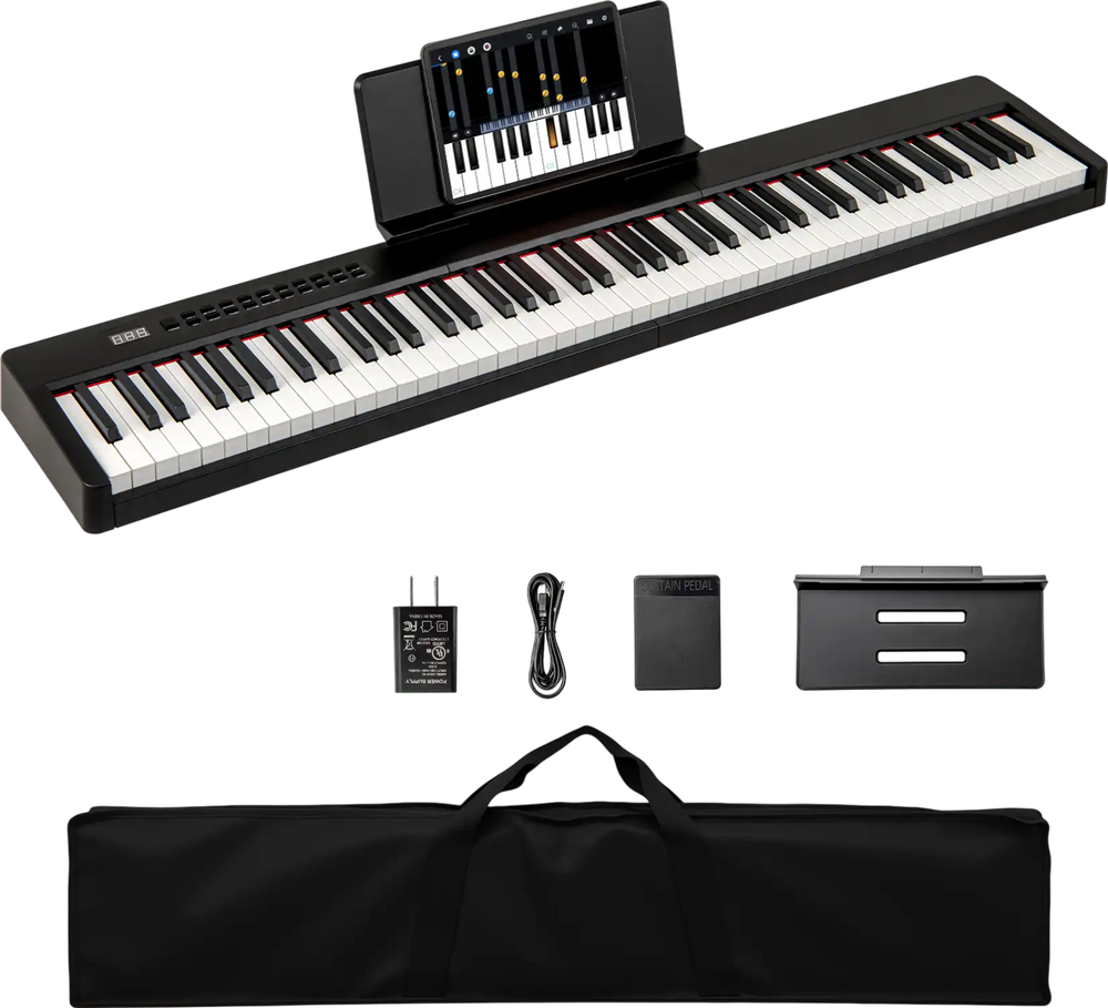 88-key velocity-sensitive piano keyboard in black with dual function, rechargeable battery, and clear sound for music.