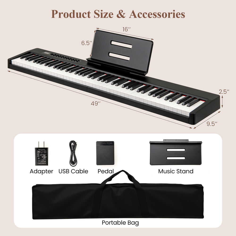 88-key piano keyboard with black wood texture keys, includes adapter, pedal, music stand, and portable bag for easy.