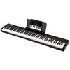 Side view of the 88-key velocity-sensitive piano keyboard in black, showcasing its sleek design and dual keyboard.