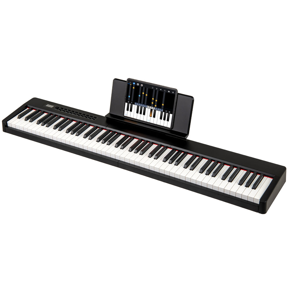 Side view of the 88-key velocity-sensitive piano keyboard in black, showcasing its sleek design and dual keyboard.