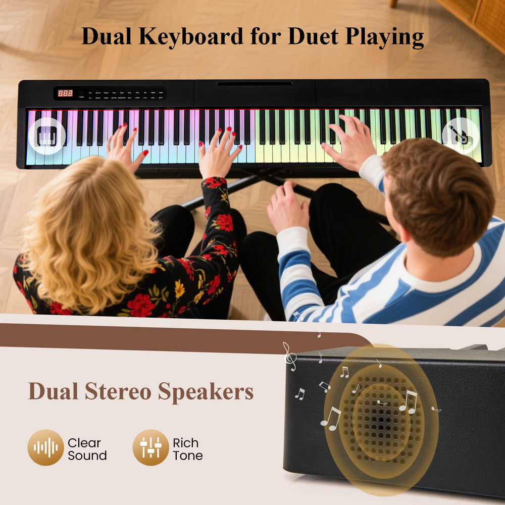 Dual keyboard piano with black wood texture keys, featuring dual stereo speakers for clear sound and rich tone.