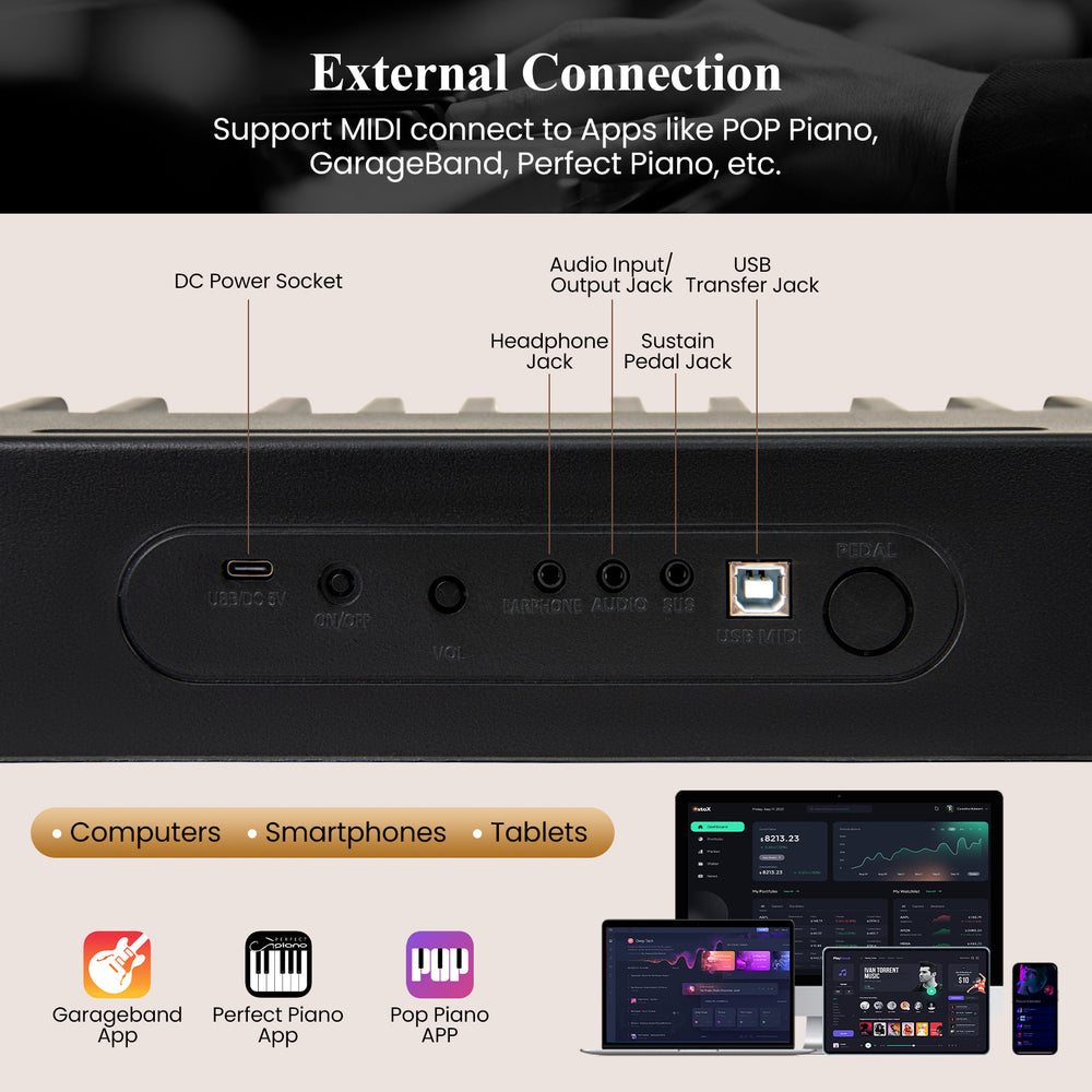 MIDI connection ports and controls on the 88 Keys Velocity-Sensitive Piano Keyboard for versatile use with apps.