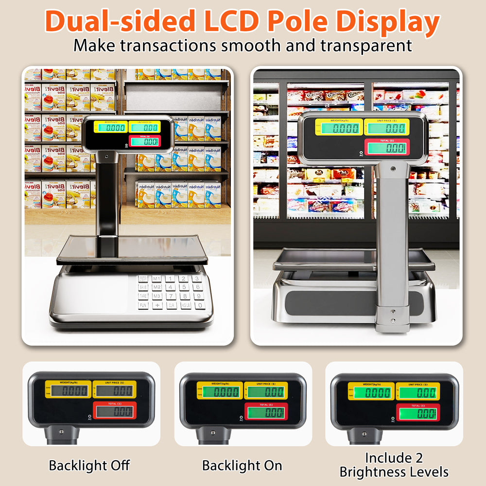Dual-sided LCD display of the 88lb price computing scale, featuring a stainless steel platform for commercial food use.