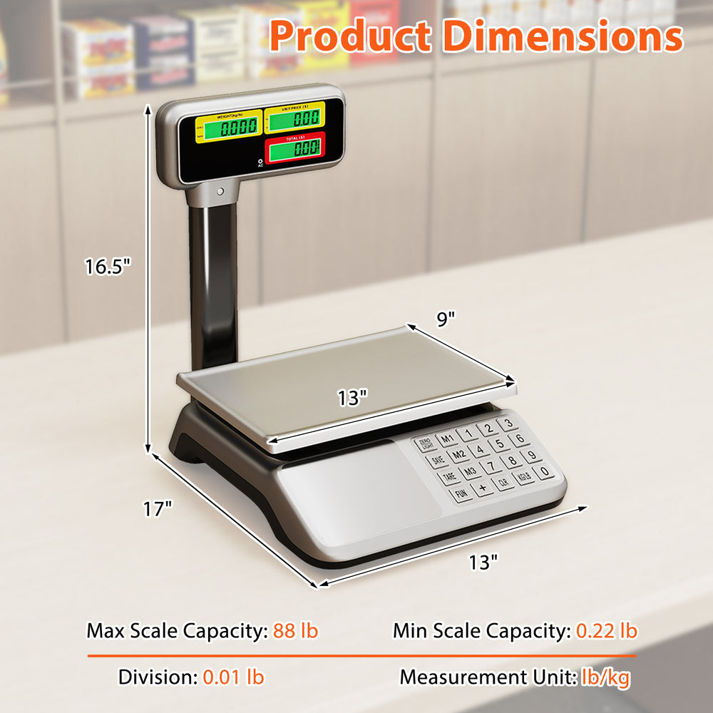 Digital price computing scale with dual LCD display, 88 lb capacity, stainless steel platform for commercial food use.