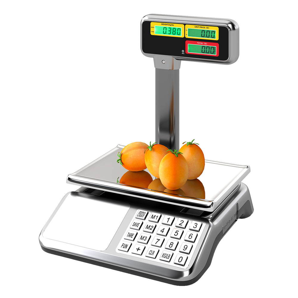 Digital commercial food scale with dual LCD display, 88 lb capacity, stainless steel platform, ideal for market use.