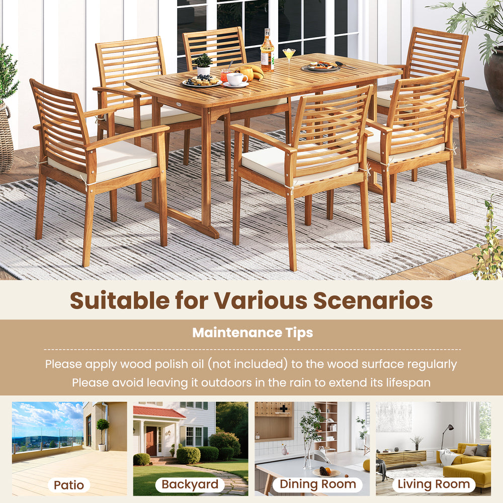 Outdoor patio dining chairs set of 2 in beige with removable cushions and slatted backrest for comfortable seating.