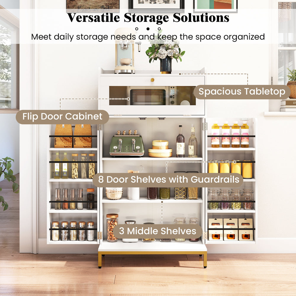 Freestanding white kitchen pantry cabinet with spacious tabletop, 8 door shelves, and 3 middle shelves for organized.