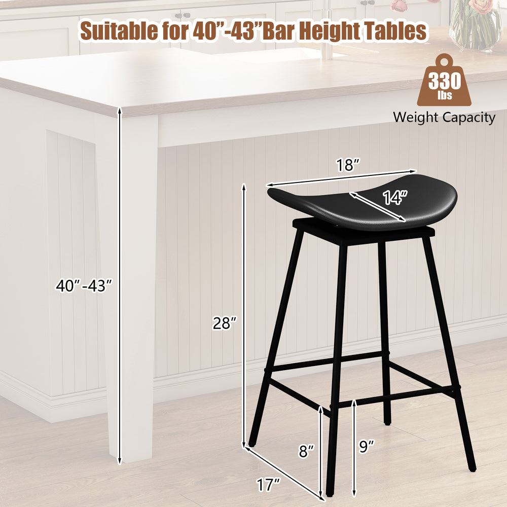 Black backless swivel barstool with faux leather upholstery, 28" seat height, suitable for 40"-43" bar tables.