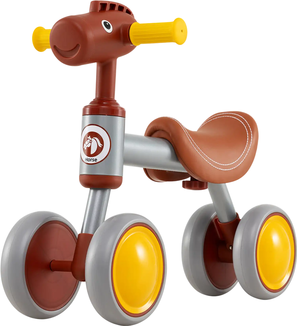 Brown baby balance bike with a cute horse head design, featuring 4 EVA foam wheels for safe indoor and outdoor fun.