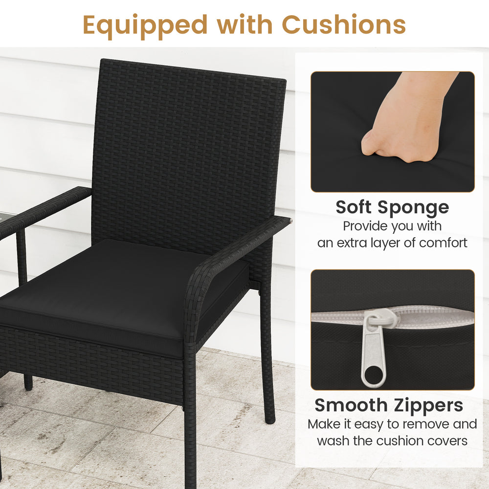Black patio chair with soft cushion and zippered cover, crafted from durable PE rattan for outdoor comfort.