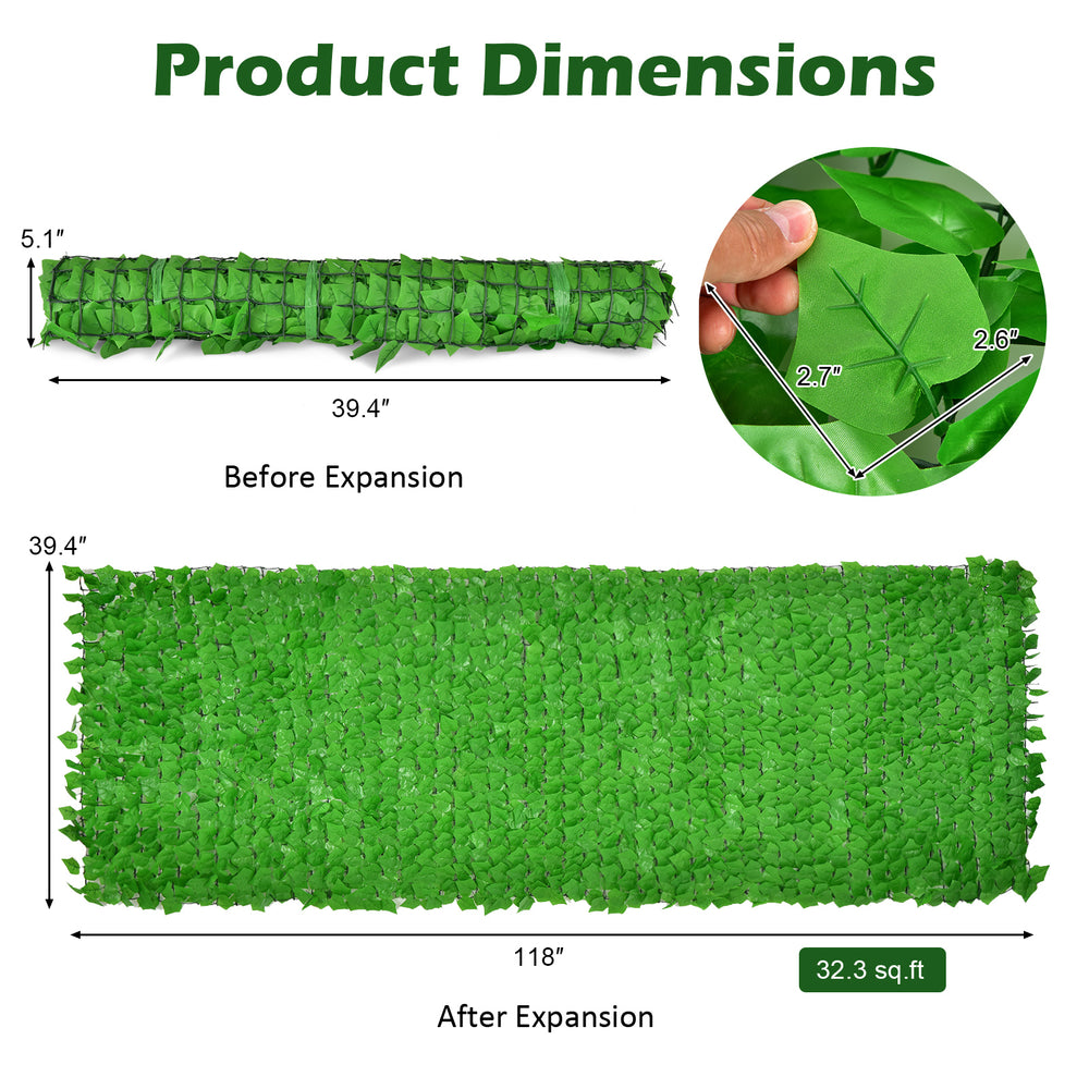 Artificial ivy privacy fence measuring 118 x 39 inches, expandable to cover 32.3 sq. ft, ideal for outdoor decor.