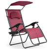 Reclining lounge chair in burgundy with adjustable canopy, part of a 7-piece outdoor relaxation set for patio use.