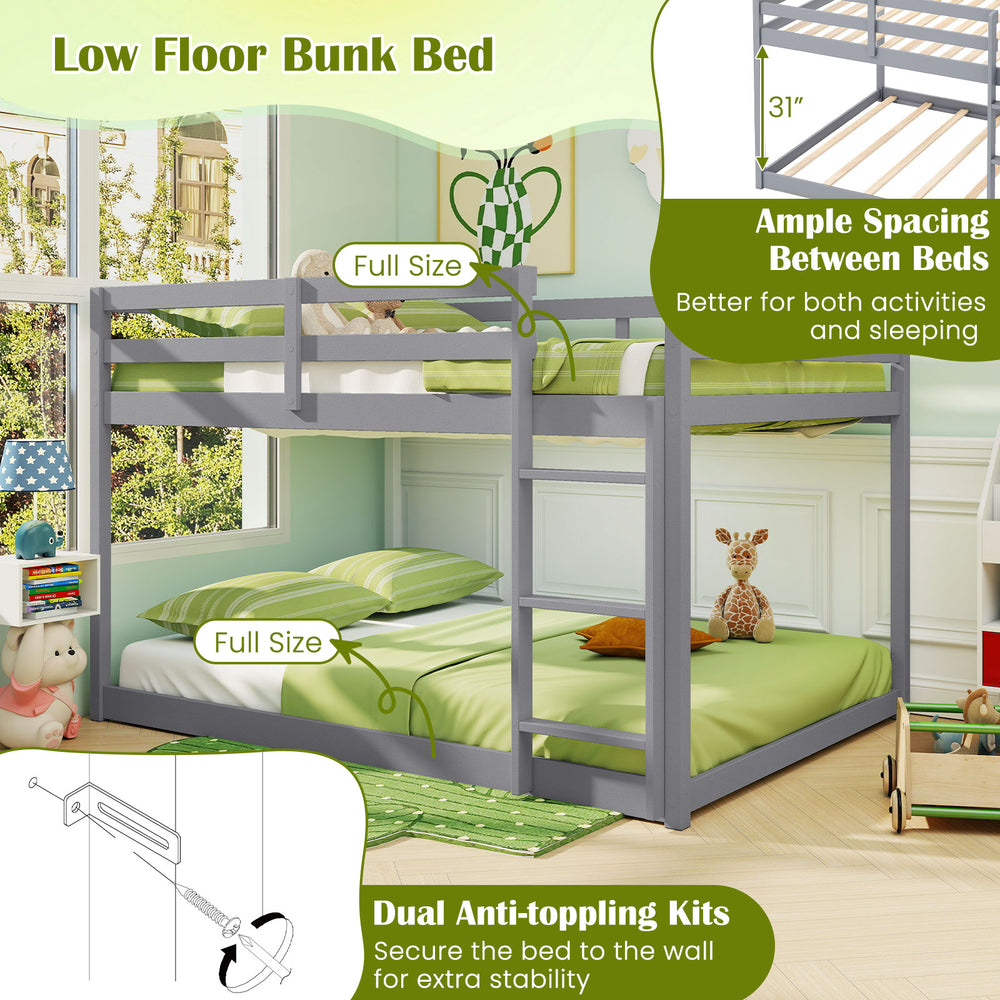 Low floor gray full over full bunk bed with ample spacing, guardrails, and integrated ladder for kids' safety and.