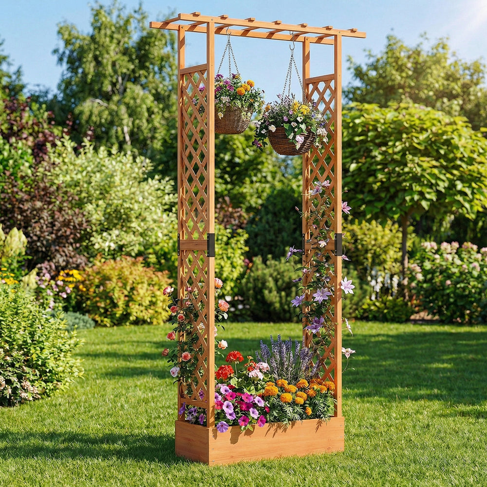 Wooden raised garden bed with trellis and hanging roof, ideal for growing plants and enhancing outdoor spaces.