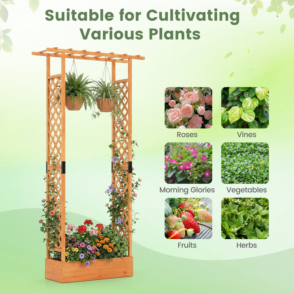 89-inch tall wooden raised garden bed with side trellis, perfect for growing vines, flowers, and vegetables outdoors.