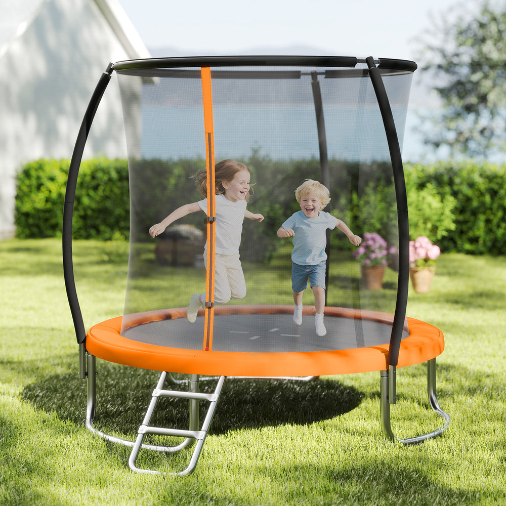 Children joyfully bouncing on the 8FT outdoor trampoline with an orange safety pad and enclosure net in a backyard.