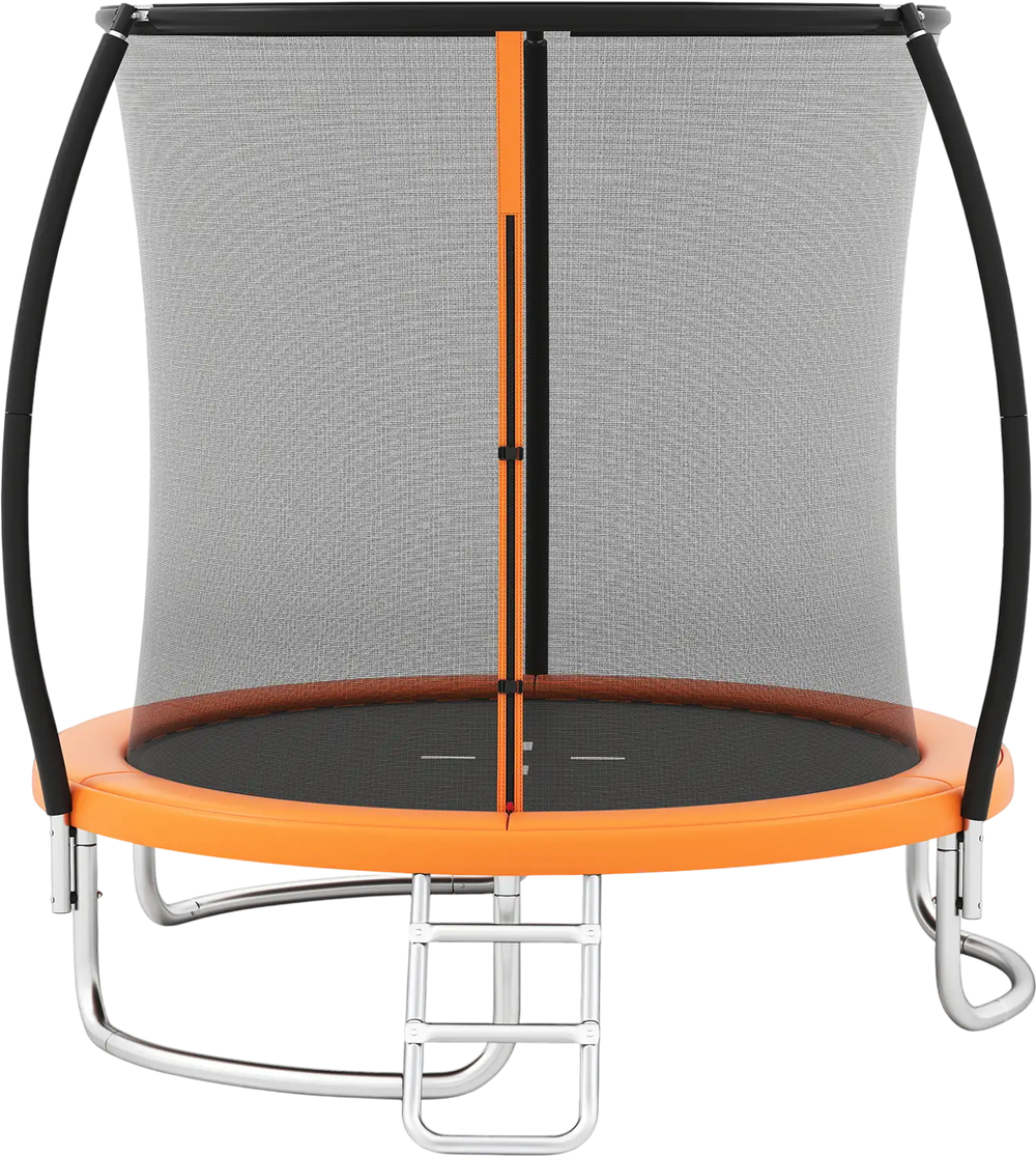 8FT outdoor heavy-duty trampoline with curved net poles, safety enclosure, and sturdy ladder for safe bouncing fun.