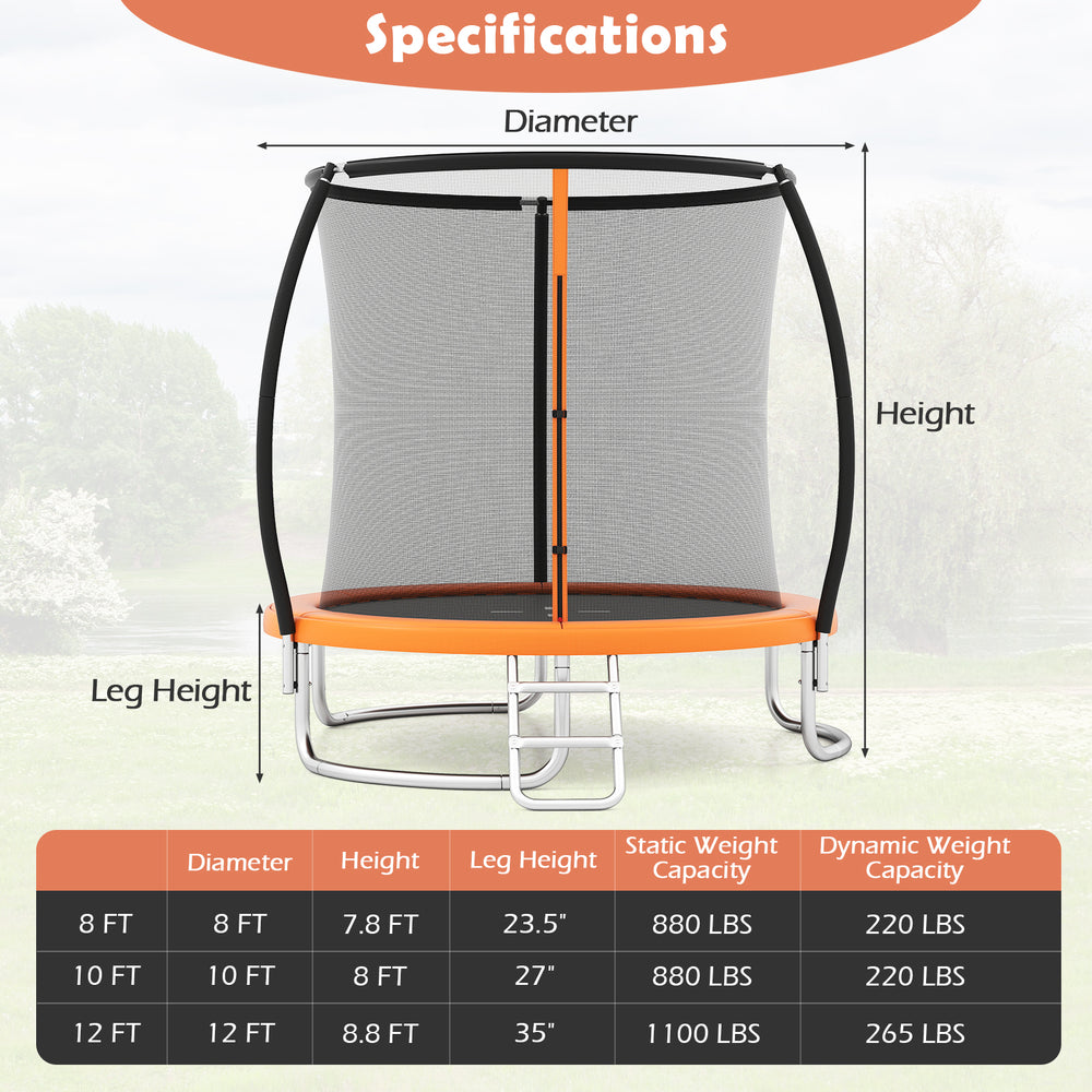 8FT outdoor trampoline with curved net poles, safety enclosure, and galvanized steel frame for stable bouncing fun.