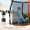 Child playing on the 8FT outdoor trampoline with safety net and curved poles for enhanced stability and safety.