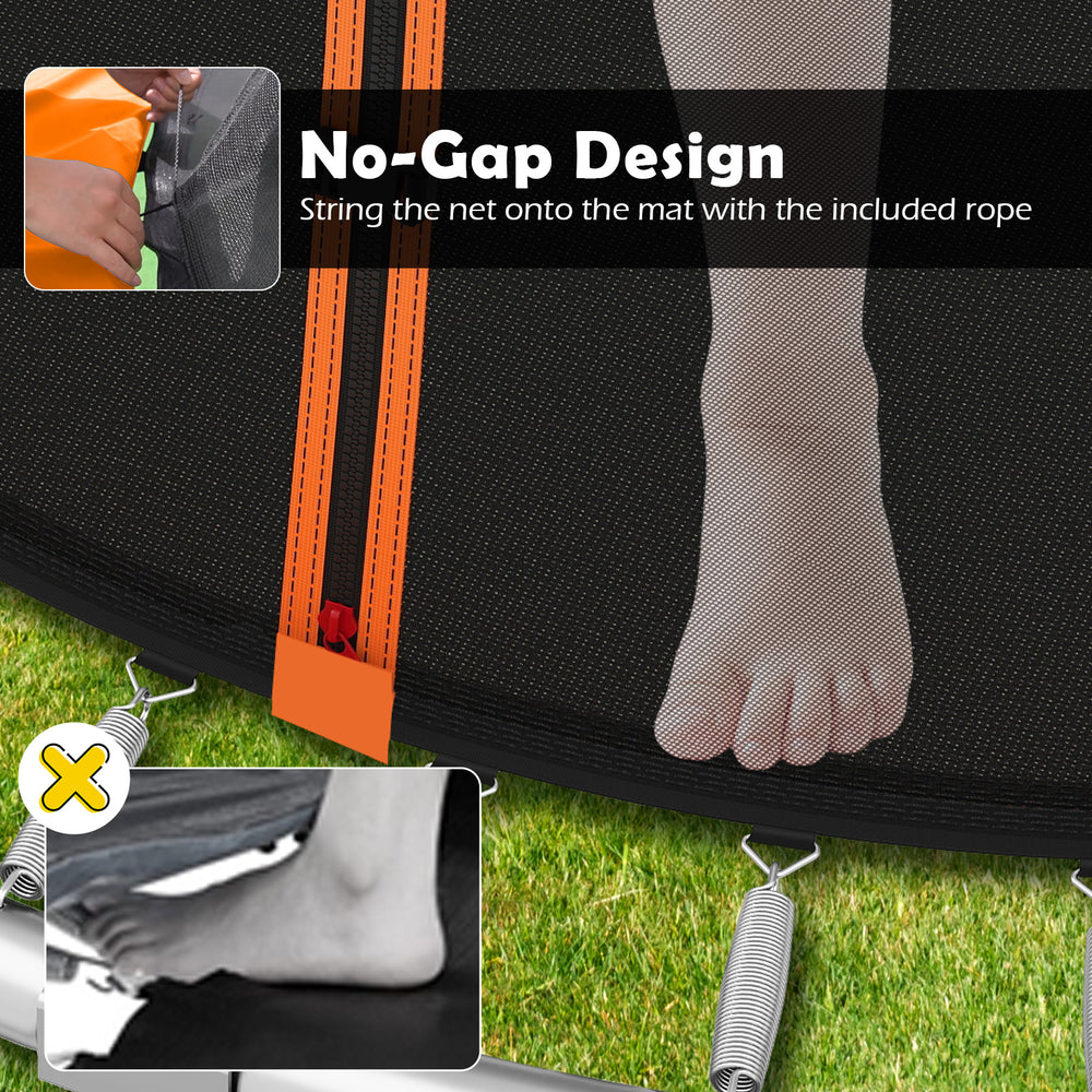 Close-up of the trampoline's no-gap design, featuring a safety net strung onto the mat for enhanced safety and.