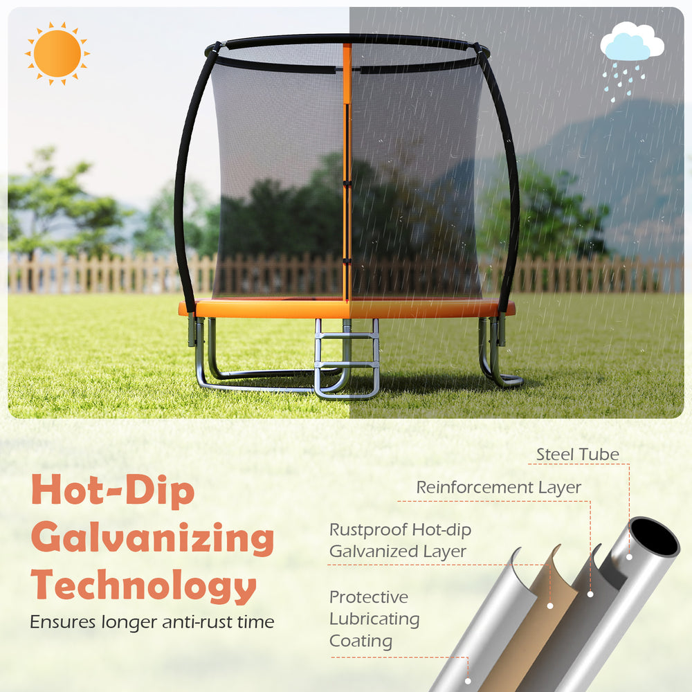 8FT outdoor heavy-duty trampoline with galvanized steel frame and curved net poles for safe bouncing fun.