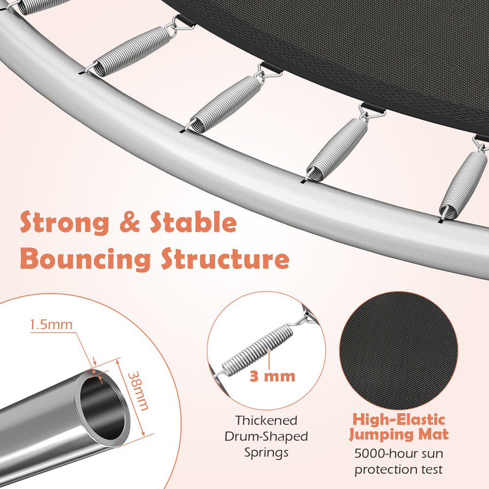 Close-up of the 8FT outdoor trampoline's high-elastic jumping mat and thickened drum-shaped springs for stable bouncing.